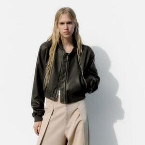 Zara Cropped Leather Bomber Jacket